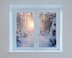 early morning view of the winter forest from the window.