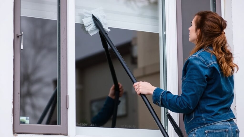 a woman cleaning her beautilful windows in calgary for new season